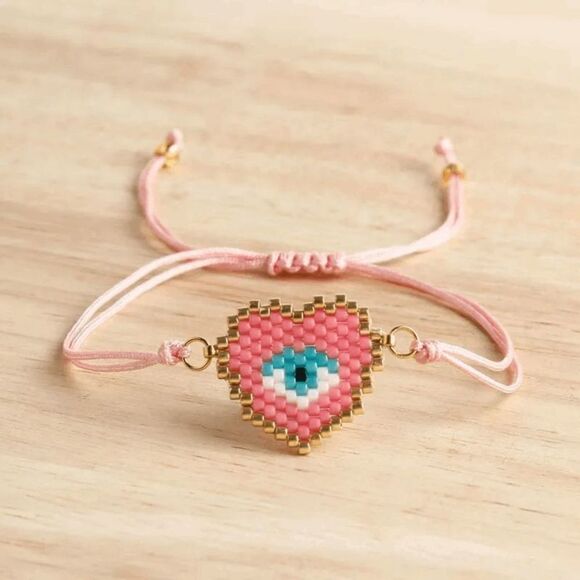 Miyuki Delica Pink Heart Shaped Evil Eye Seed Bead Bracelet - Picture 1 of 5